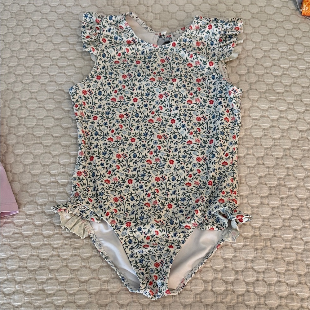 Girls' Floral Ruffle One-Piece Swimsuit — Cream with Blue & Coral Flowers Sz 7/8